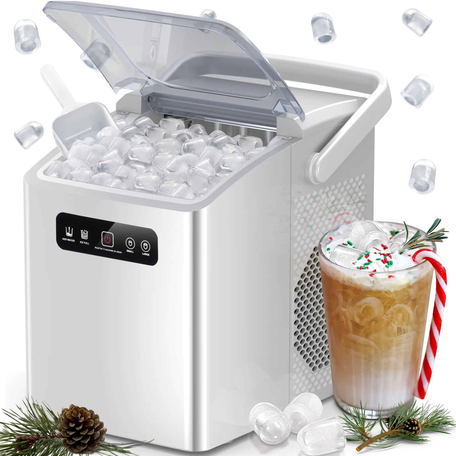 Countertop Portable Ice Maker, Self-Cleaning with Handle, Ice Scoop, 2 Sizes of Bullet Ice Cubes, for Home/Kitchen/Office-White