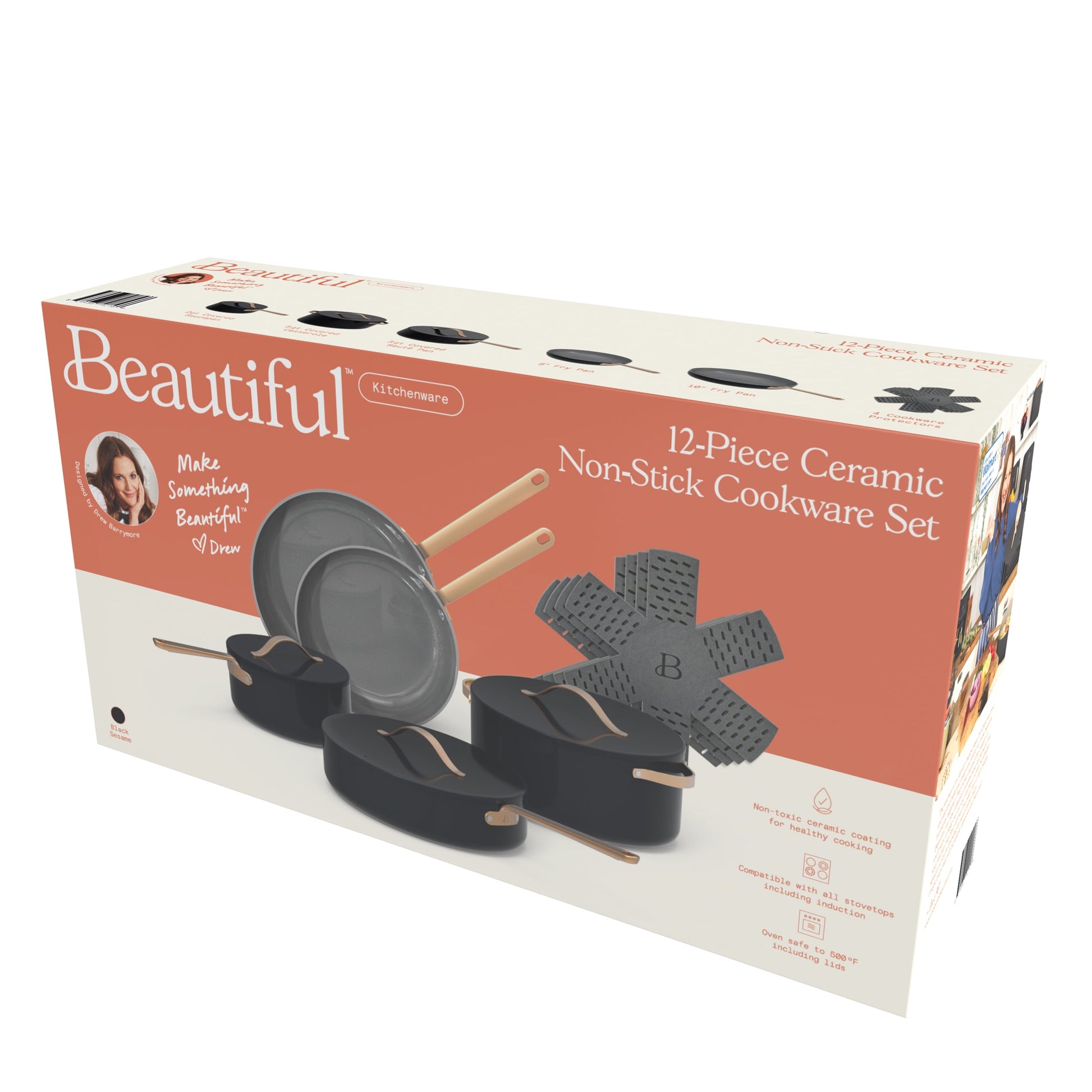 12Pc Ceramic Non-Stick Cookware Set, Black Sesame by Drew Barrymore