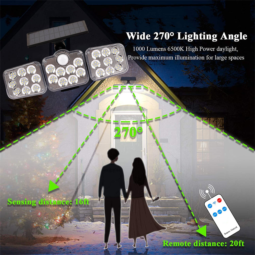 Solar Outdoor Lights 138 LED 3-Head Adjustable 360°Rotating Wide-Angle