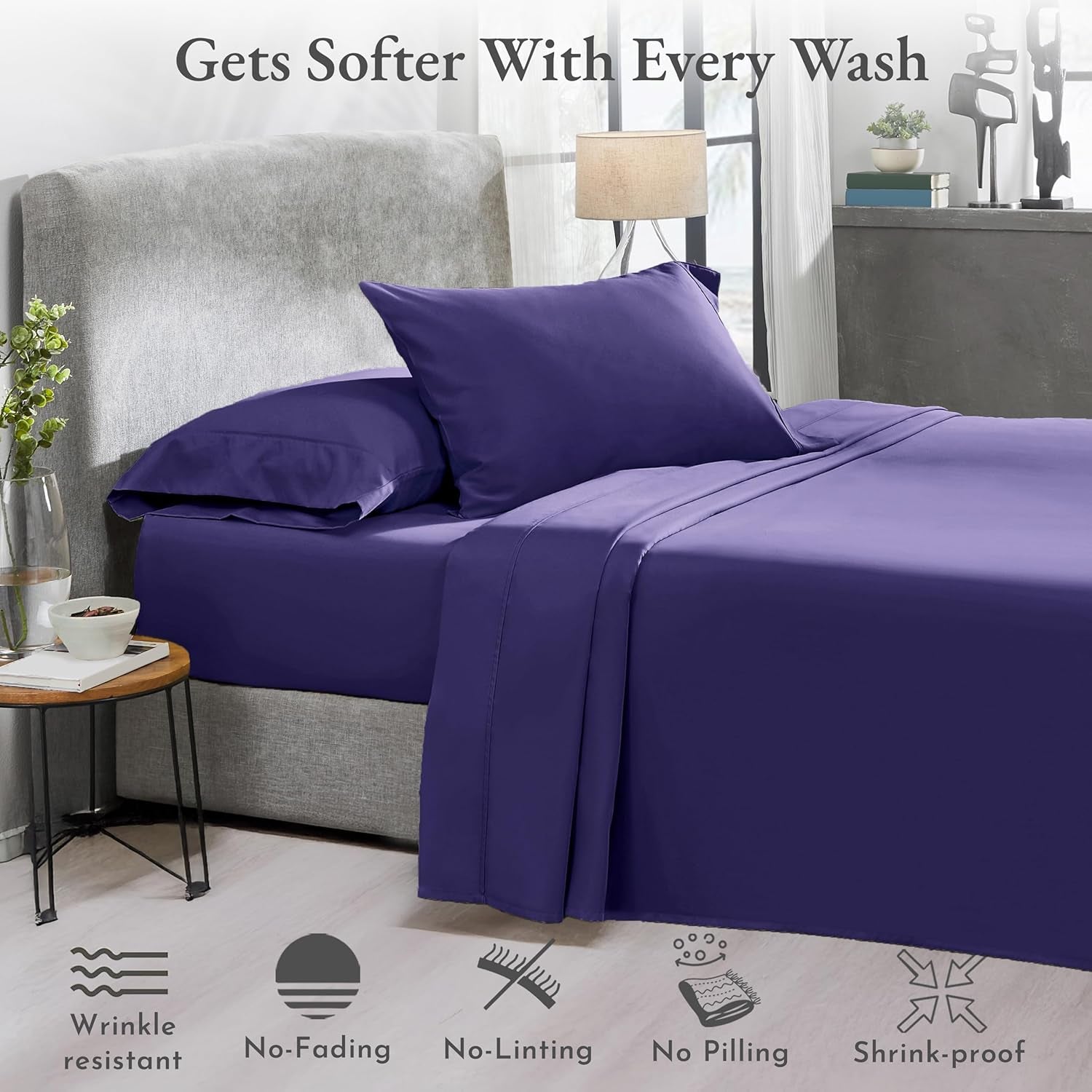 Softest 100% Cotton Sheets, Full Size Sheet Sets, 400 Thread Count Sateen Bedding, Deep Pocket Sheets, Cooling Sheets, Full Size Sheets, Breathable Bed Set (Dark Purple)