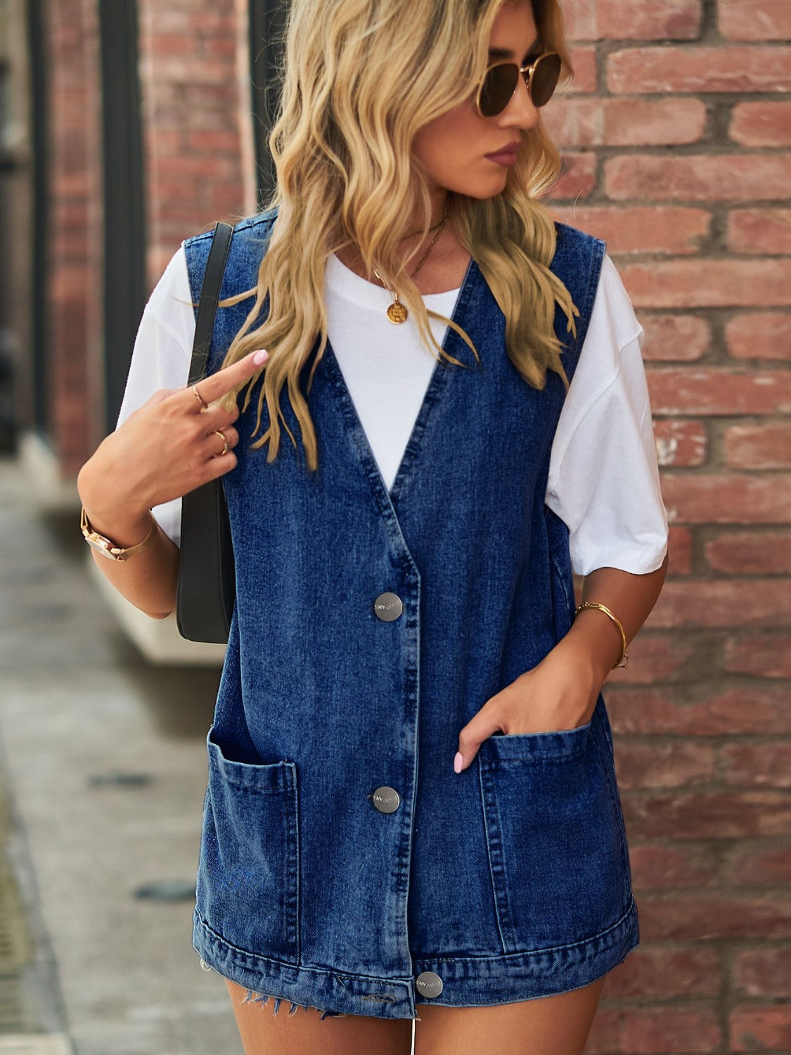 Full Size V-Neck Button Up Denim Vest