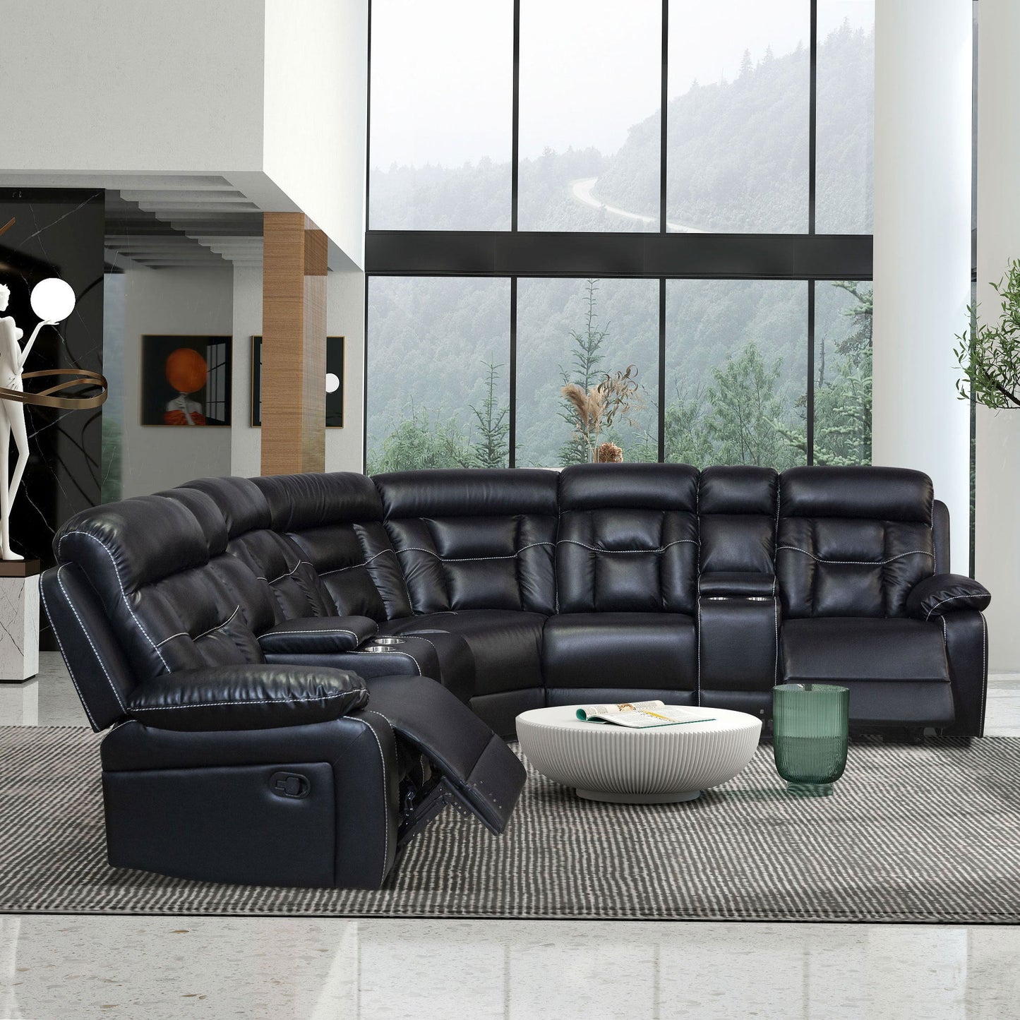 Manual Reclining Sofa Faux Leather Sofa Set Black