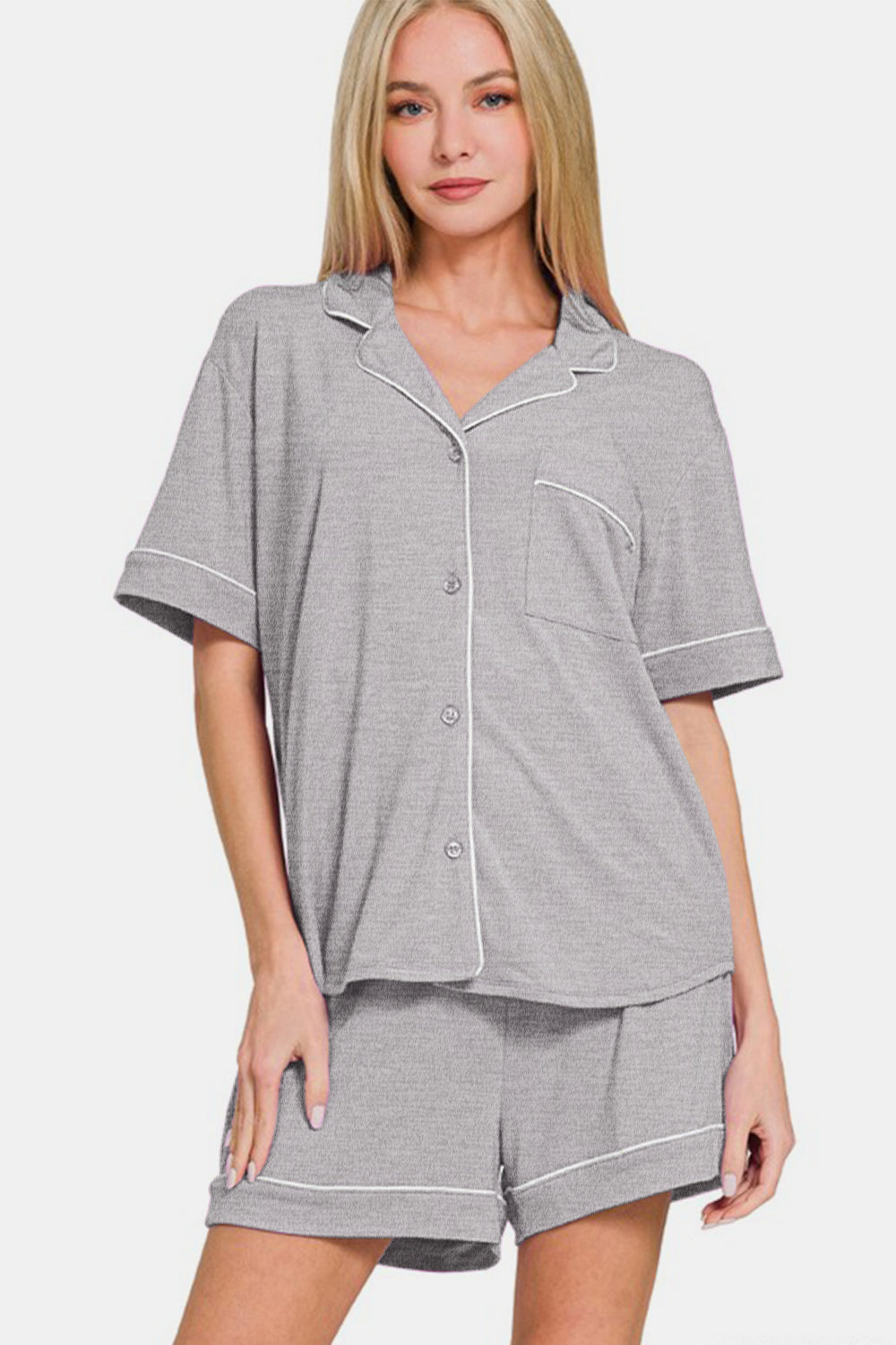 Zenana Button Down Short Sleeve Top and Shorts Lounge Set