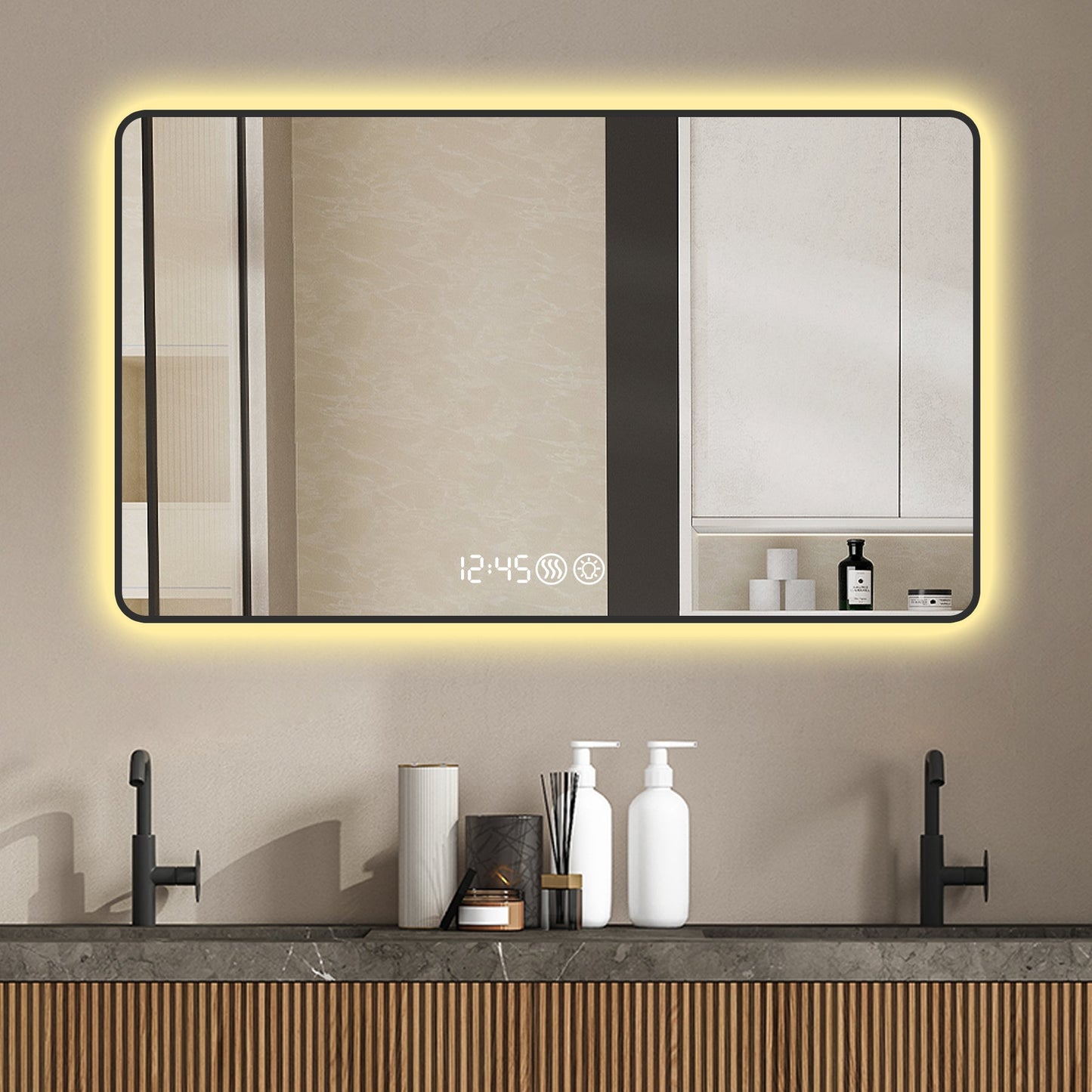 48x32 Black frame with rounded corners vanity mirror, temperature