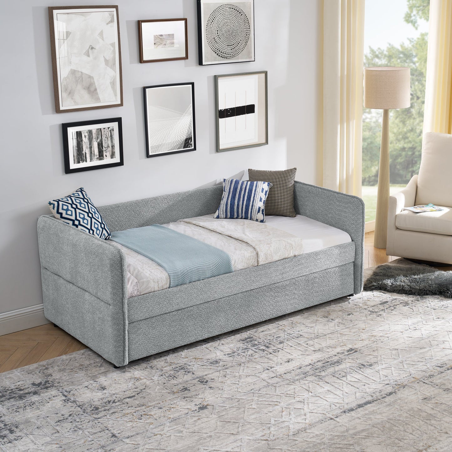 Daybed with Trundle Upholstered Tufted Sofa Bed, Twin Size, Boucle