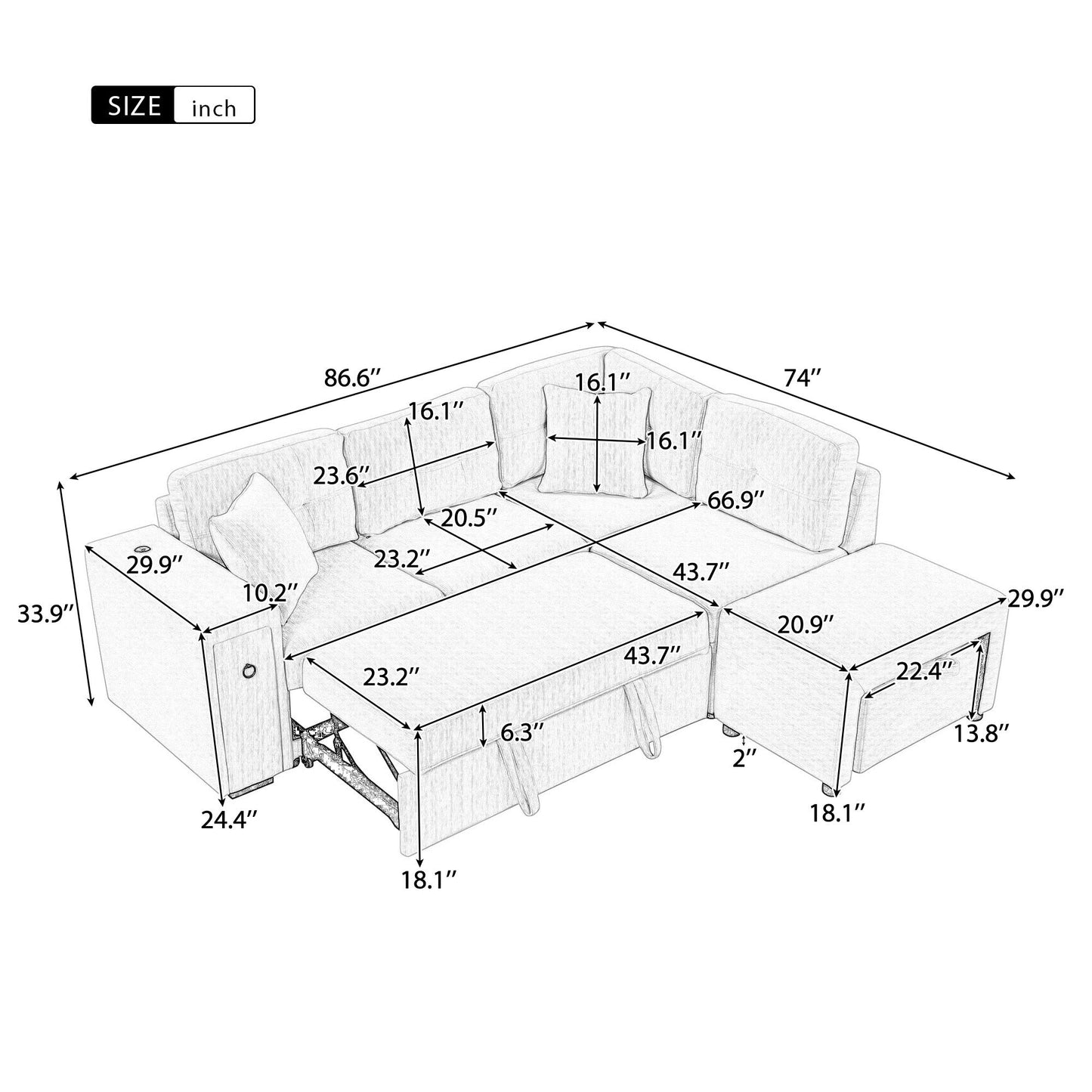 86.6" Sectional Sofa L-shaped Sofa Couch Pull-out Sofa Bed with a