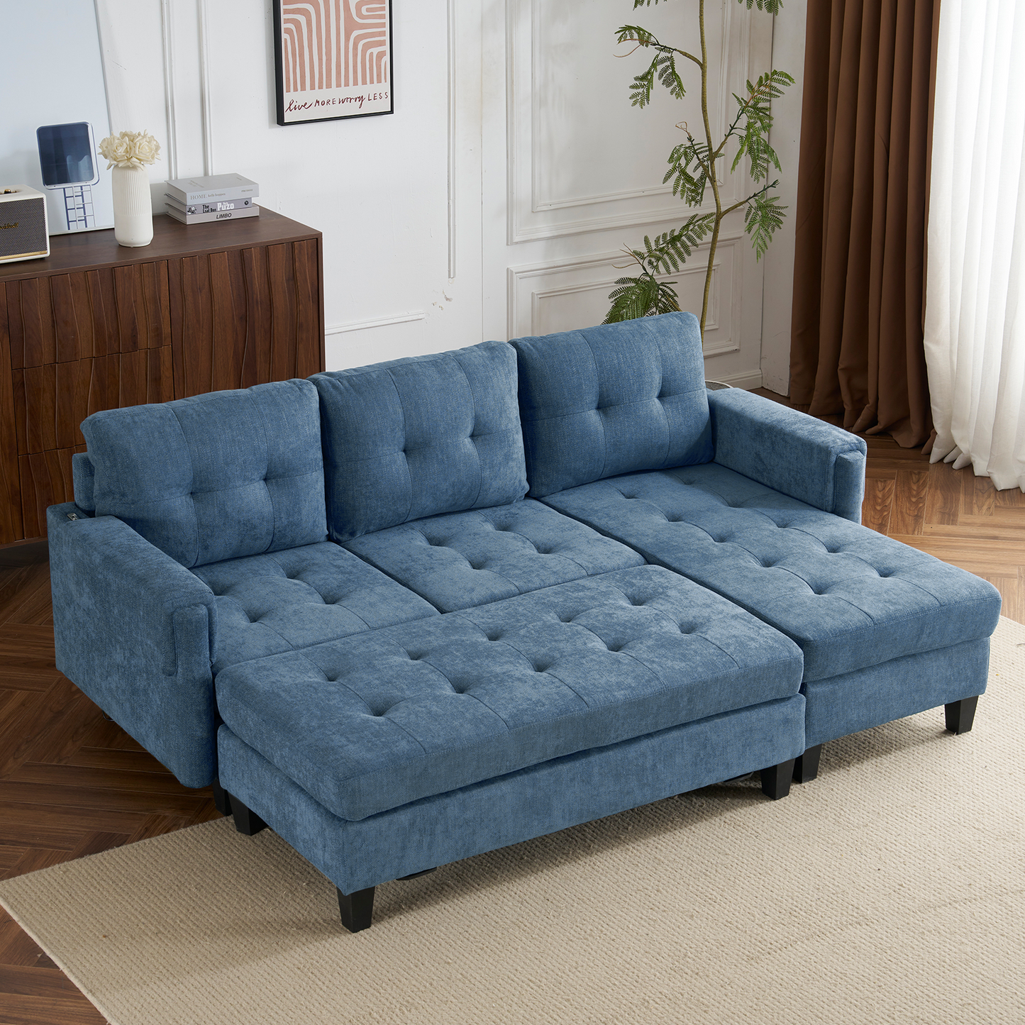 83.4" L-shaped Sofa Sectional Couch Sofa Bed with Two USB Ports, a