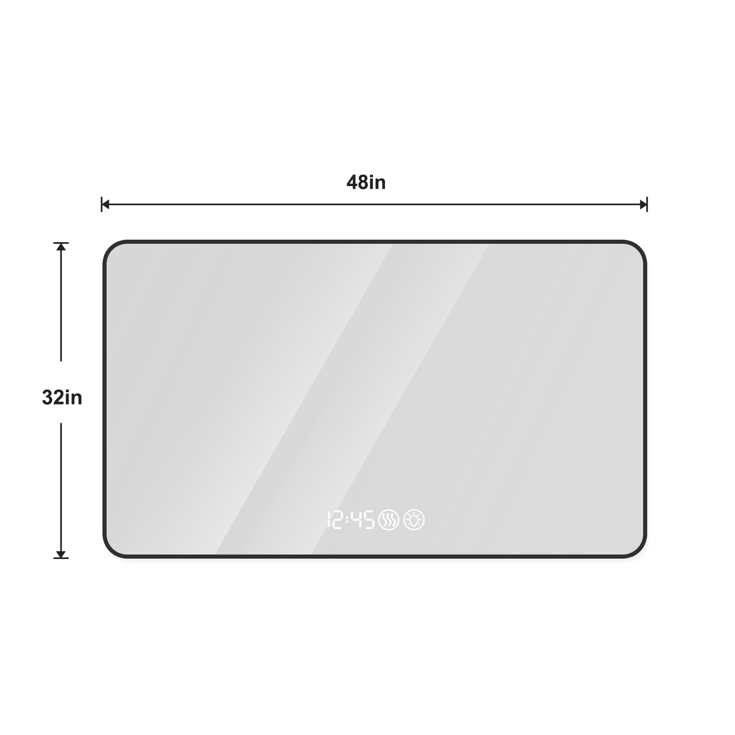 48x32 Black frame with rounded corners vanity mirror, temperature