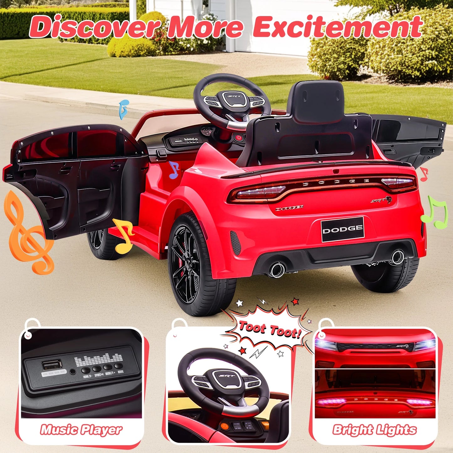 Dodge Electric Ride on Cars for Kids, 12V Licensed Dodge Charger SRT Powered Ride on Toys Cars with Parent Remote Control, Electric Car for Girls 3-5 W/Music Player/Led Headlights/Safety Belt, Red