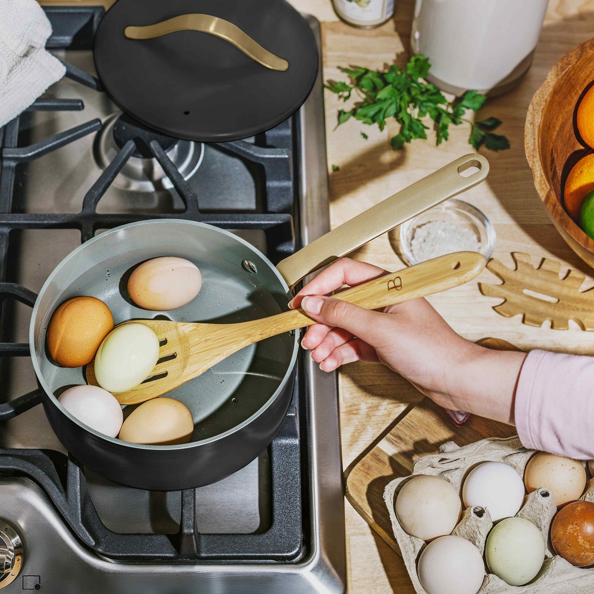 12Pc Ceramic Non-Stick Cookware Set, Black Sesame by Drew Barrymore