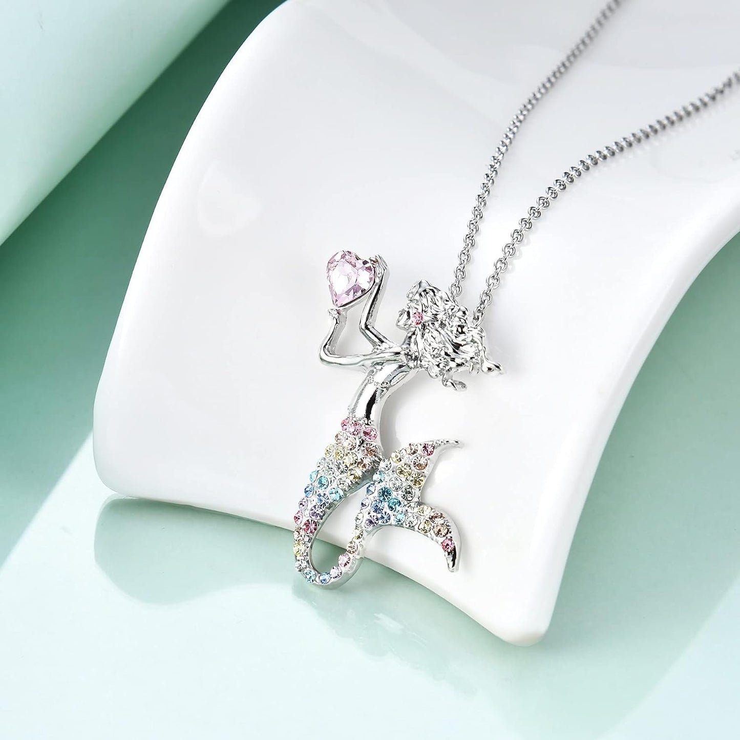 Fashion Mermaid Birthstone Necklace Jewelry White Gold Plated Austrian Crystal Pendant Gifts for Women