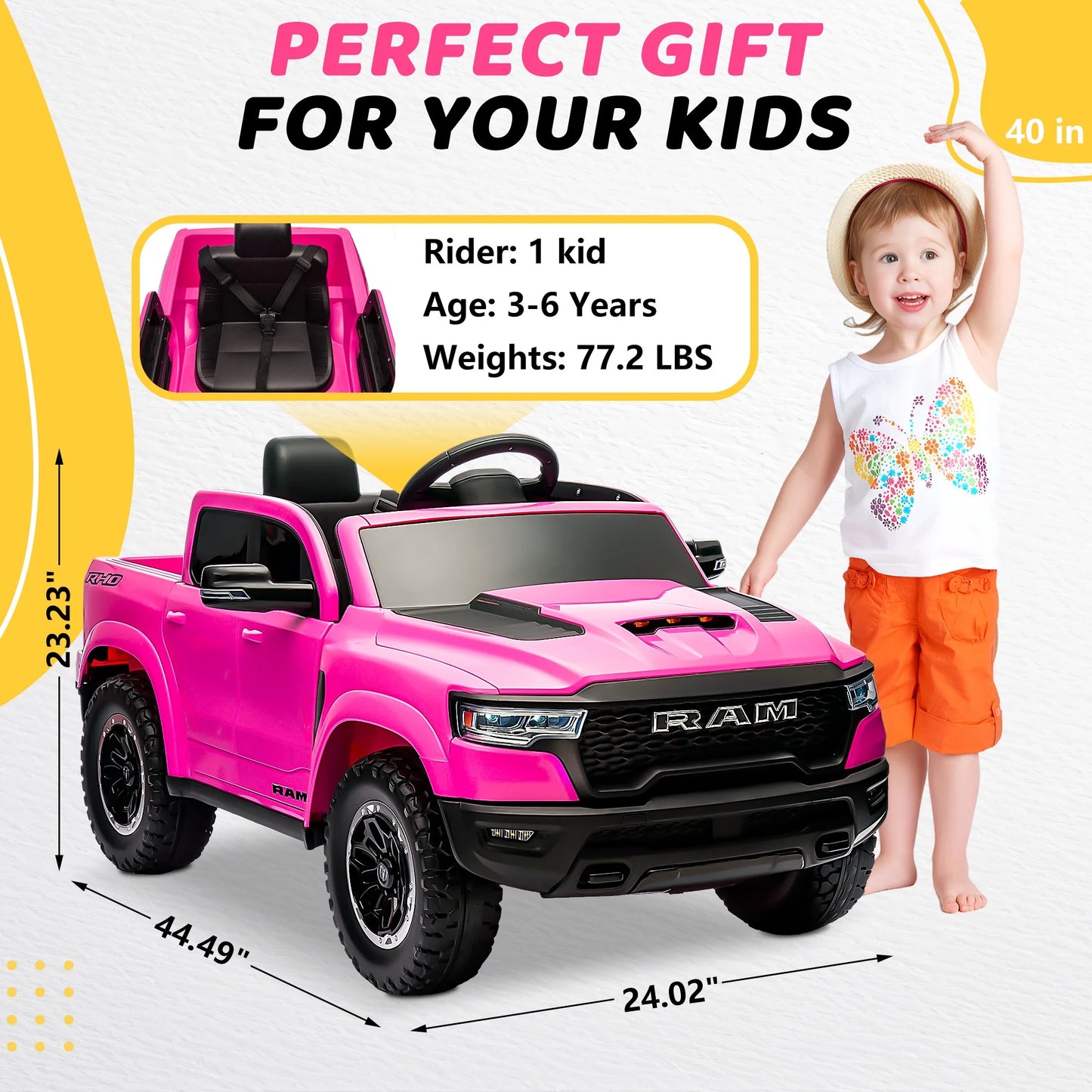 RAM Ride on Car, 12V Powered Ride on Toy with Remote Control, 4 Wheel Suspension, 5 Point Safety Belt, MP3 Player, Bluetooth, LED Lights, Electric Cars for 3-8 Years Boys Girls