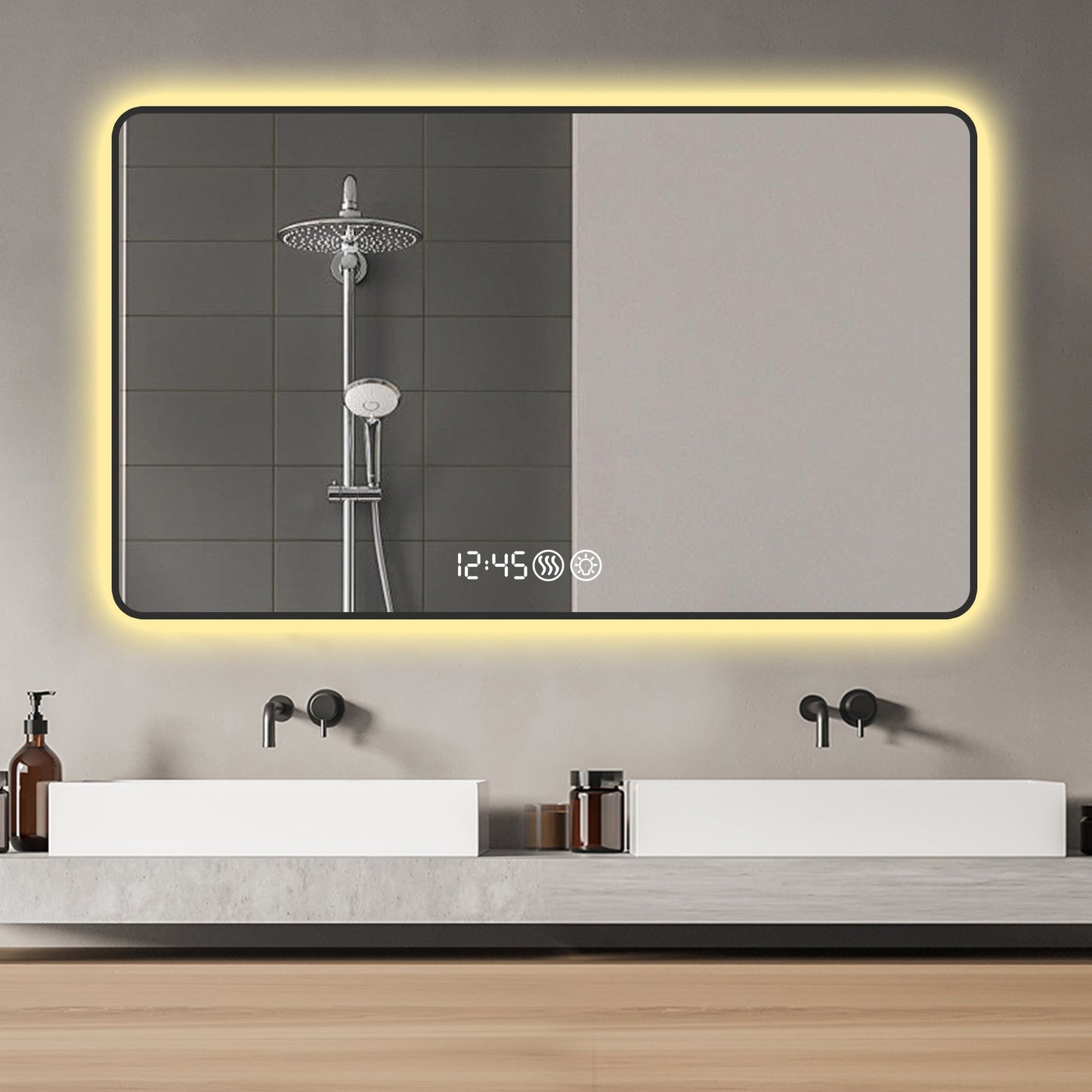 48x32 Black frame with rounded corners vanity mirror, temperature