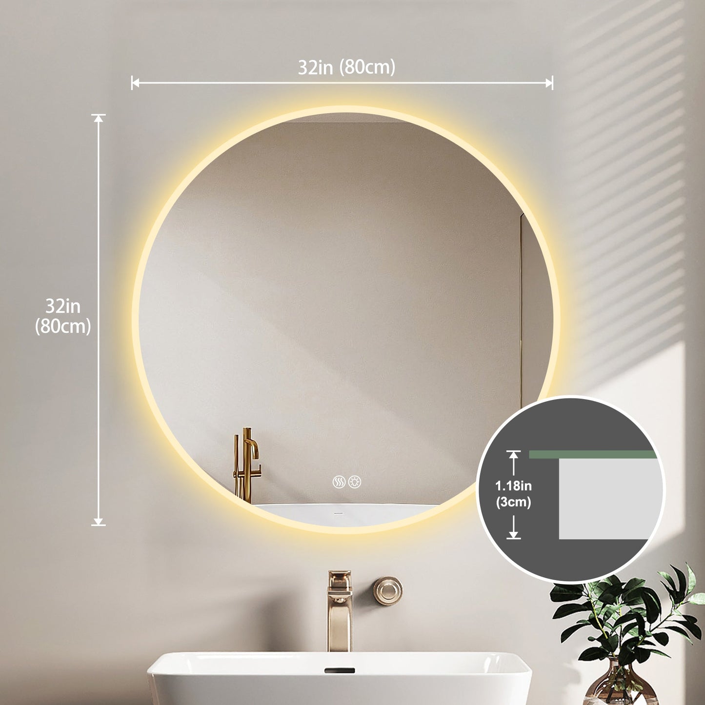 32'' LED Round Wall-Mounted Mirror, Anti-Fog, 3 Color Temperature