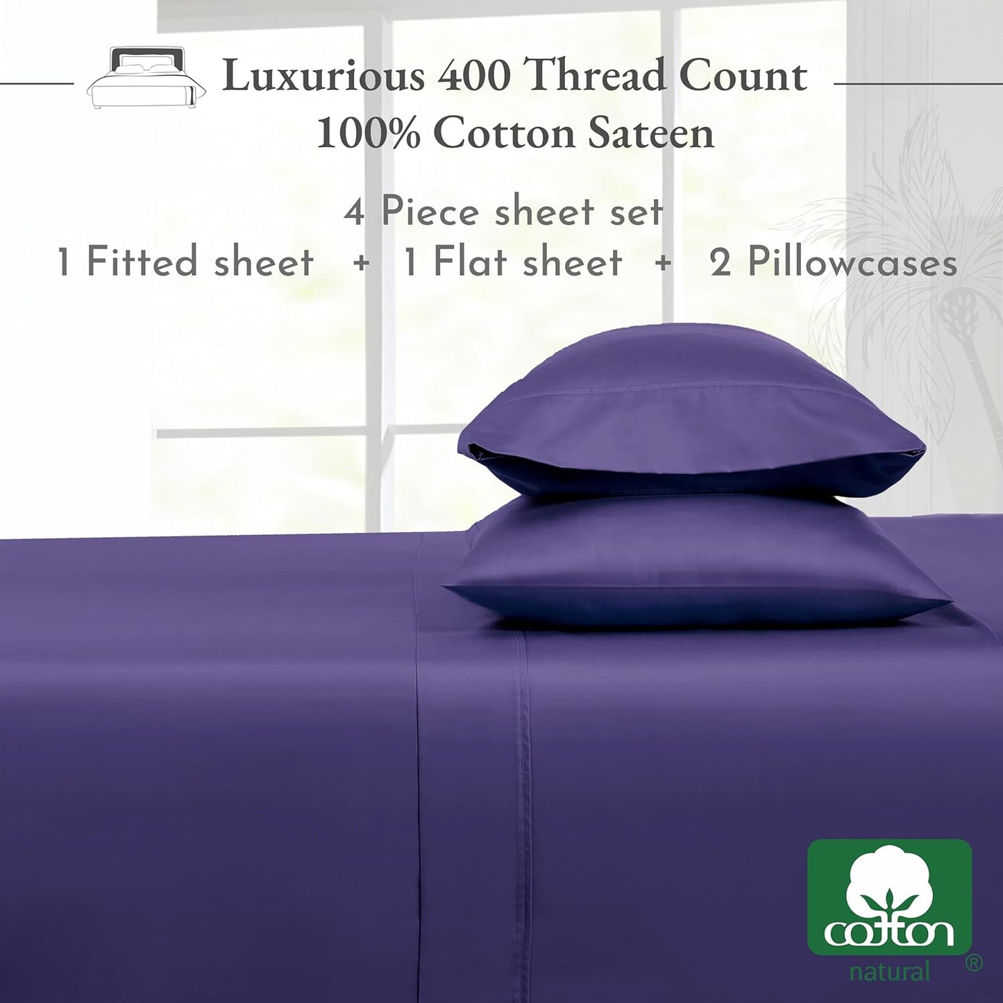 Softest 100% Cotton Sheets, Full Size Sheet Sets, 400 Thread Count Sateen Bedding, Deep Pocket Sheets, Cooling Sheets, Full Size Sheets, Breathable Bed Set (Dark Purple)