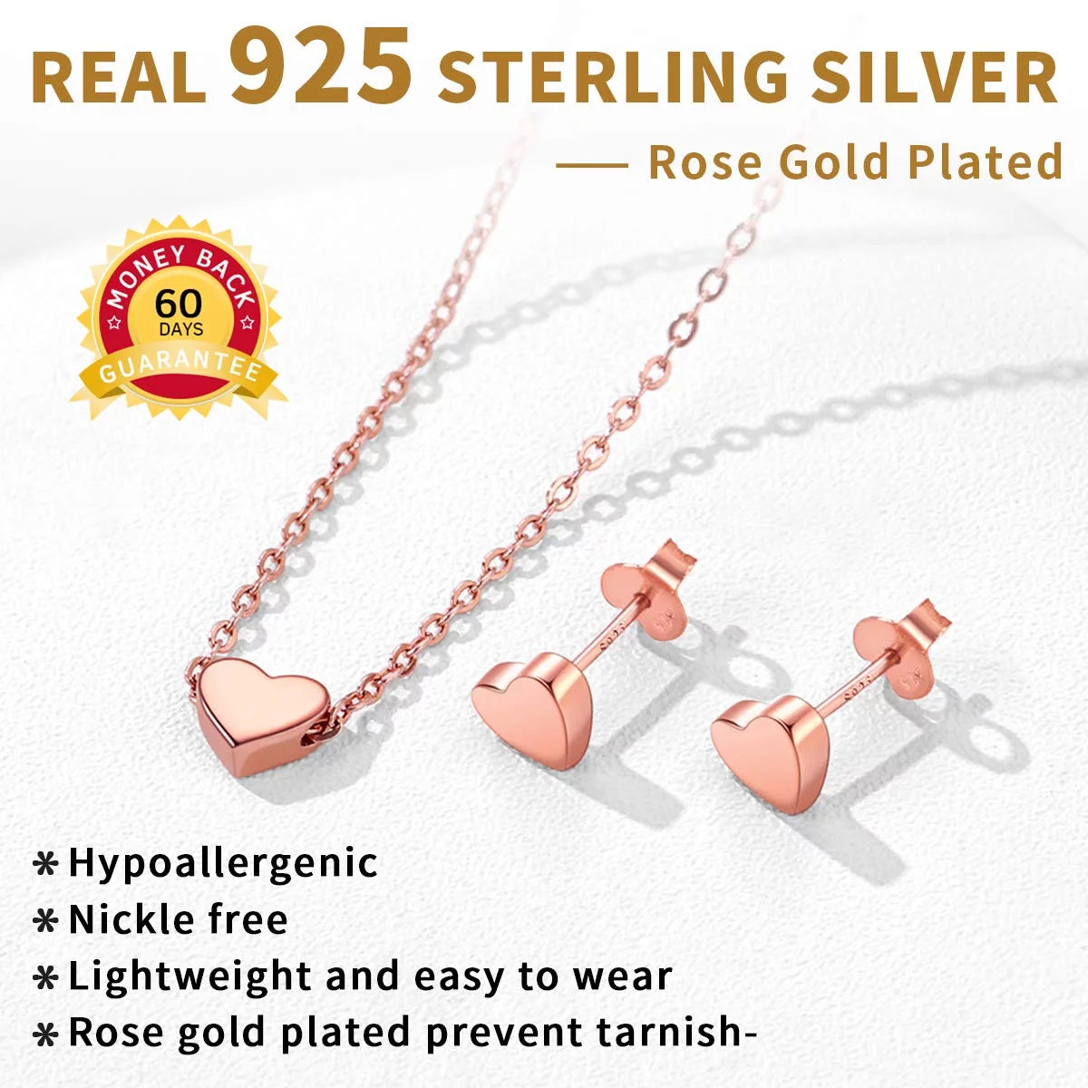 925 Sterling Silver Heart Necklace and Stud Earrings Sets for Women Jewelry Collection Birthday Gift - Rose Gold