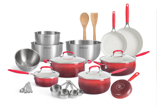 25-Piece Ceramic Nonstick Aluminum Cookware Set, Ombre Red