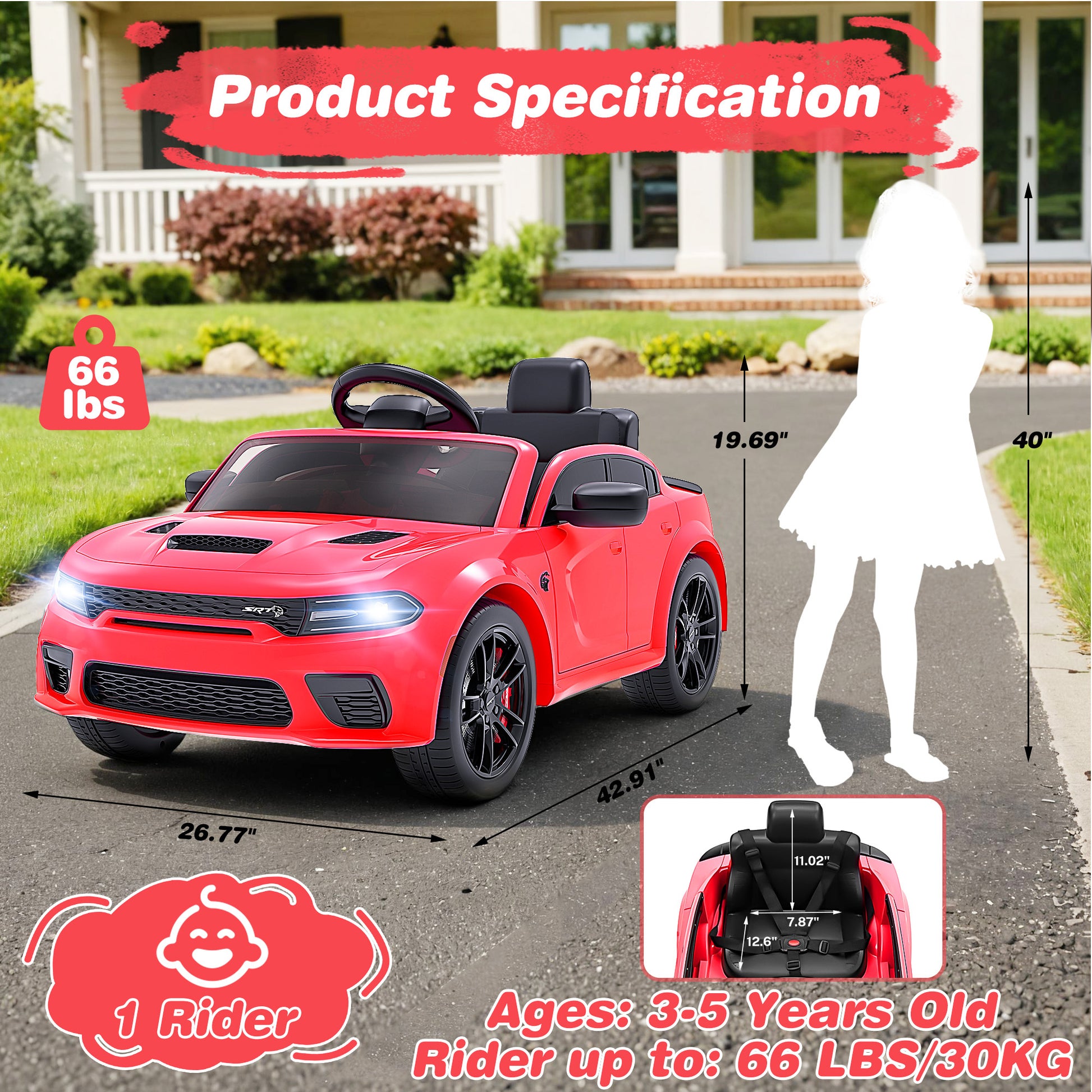 Dodge Electric Ride on Cars for Kids, 12V Licensed Dodge Charger SRT Powered Ride on Toys Cars with Parent Remote Control, Electric Car for Girls 3-5 W/Music Player/Led Headlights/Safety Belt, Red