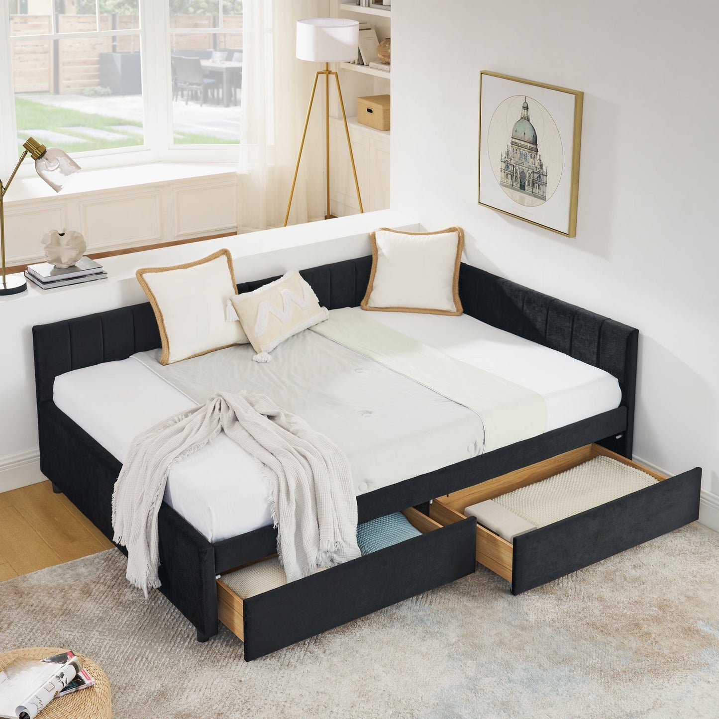 Full Size Upholstered Tufted Bed Frame with Two Drawers, Sofa Bed