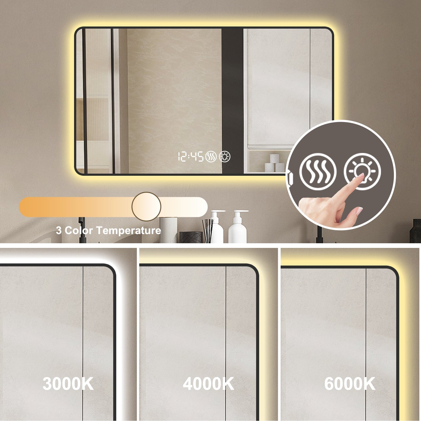 48x32 Black frame with rounded corners vanity mirror, temperature