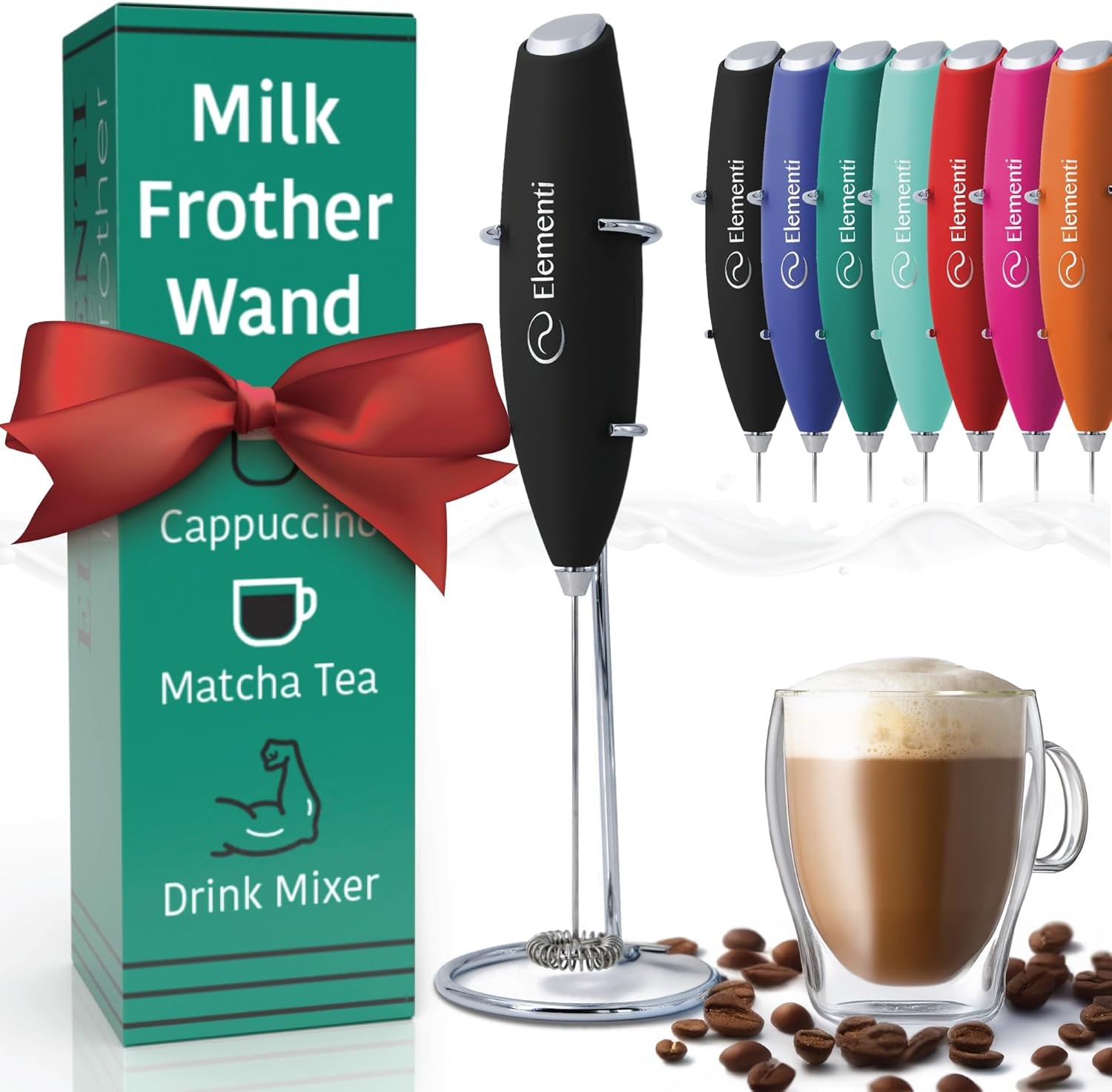 Milk Frother Wand & Drink Mixer - Coffee Frother Handheld - Mini Frother with Stand - Milk Frother Handheld - Coffee Stirrers Electric Matcha Frother & Milk Foamer (Black)