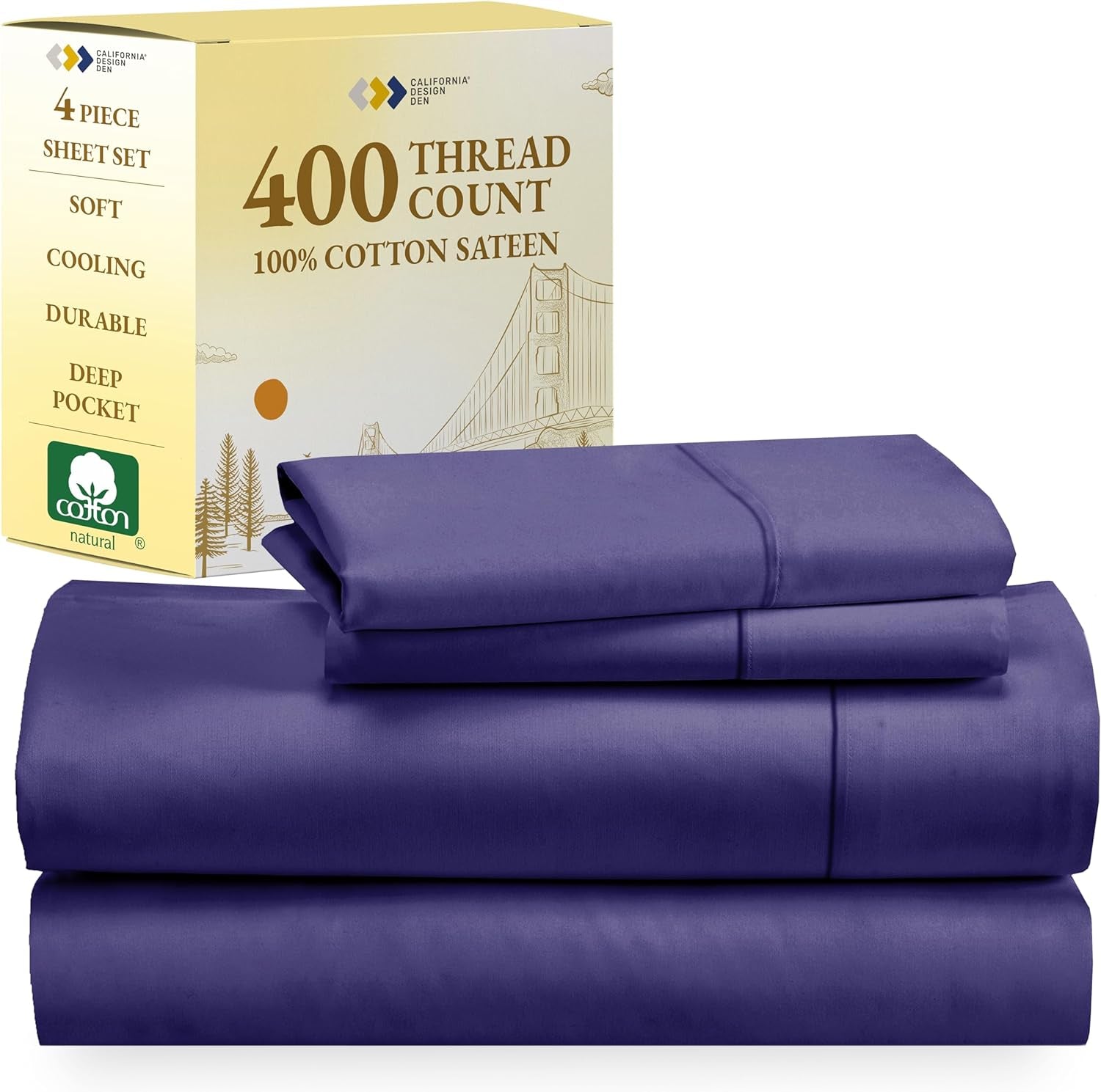 Softest 100% Cotton Sheets, Full Size Sheet Sets, 400 Thread Count Sateen Bedding, Deep Pocket Sheets, Cooling Sheets, Full Size Sheets, Breathable Bed Set (Dark Purple)