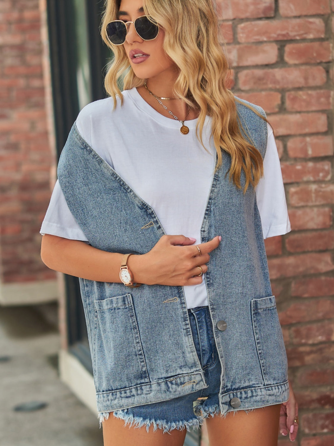 Full Size V-Neck Button Up Denim Vest