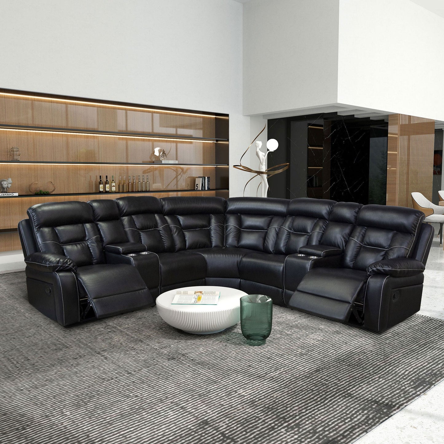 Manual Reclining Sofa Faux Leather Sofa Set Black