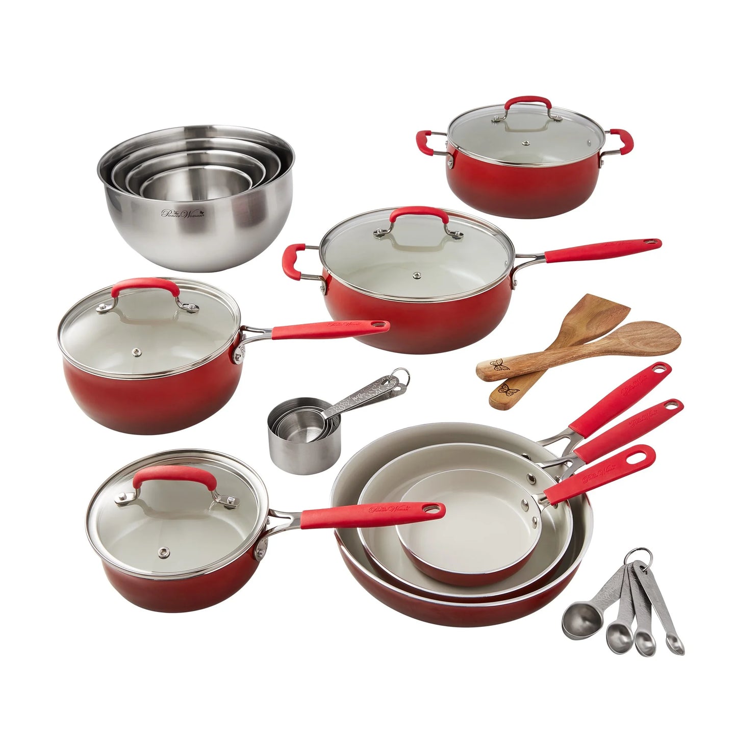 25-Piece Ceramic Nonstick Aluminum Cookware Set, Ombre Red