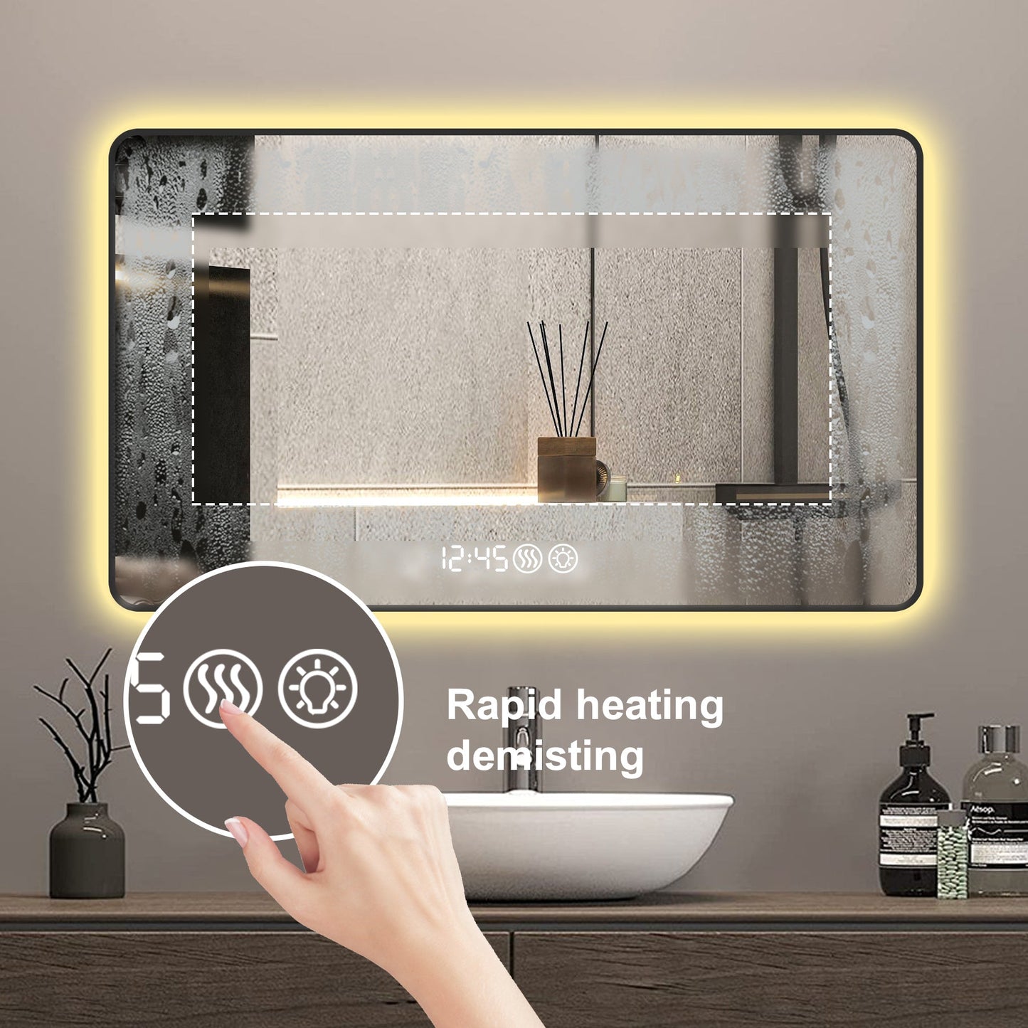 48x32 Black frame with rounded corners vanity mirror, temperature