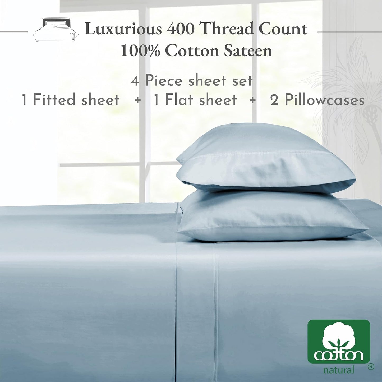 100% Cotton Sheets, Softest Queen Sheet Set, Cooling Sheets for Queen Size Bed with Deep Pockets, 400 Thread Count Sateen, Bedding Sheets & Pillowcases, Queen Sheets (Sky Blue)