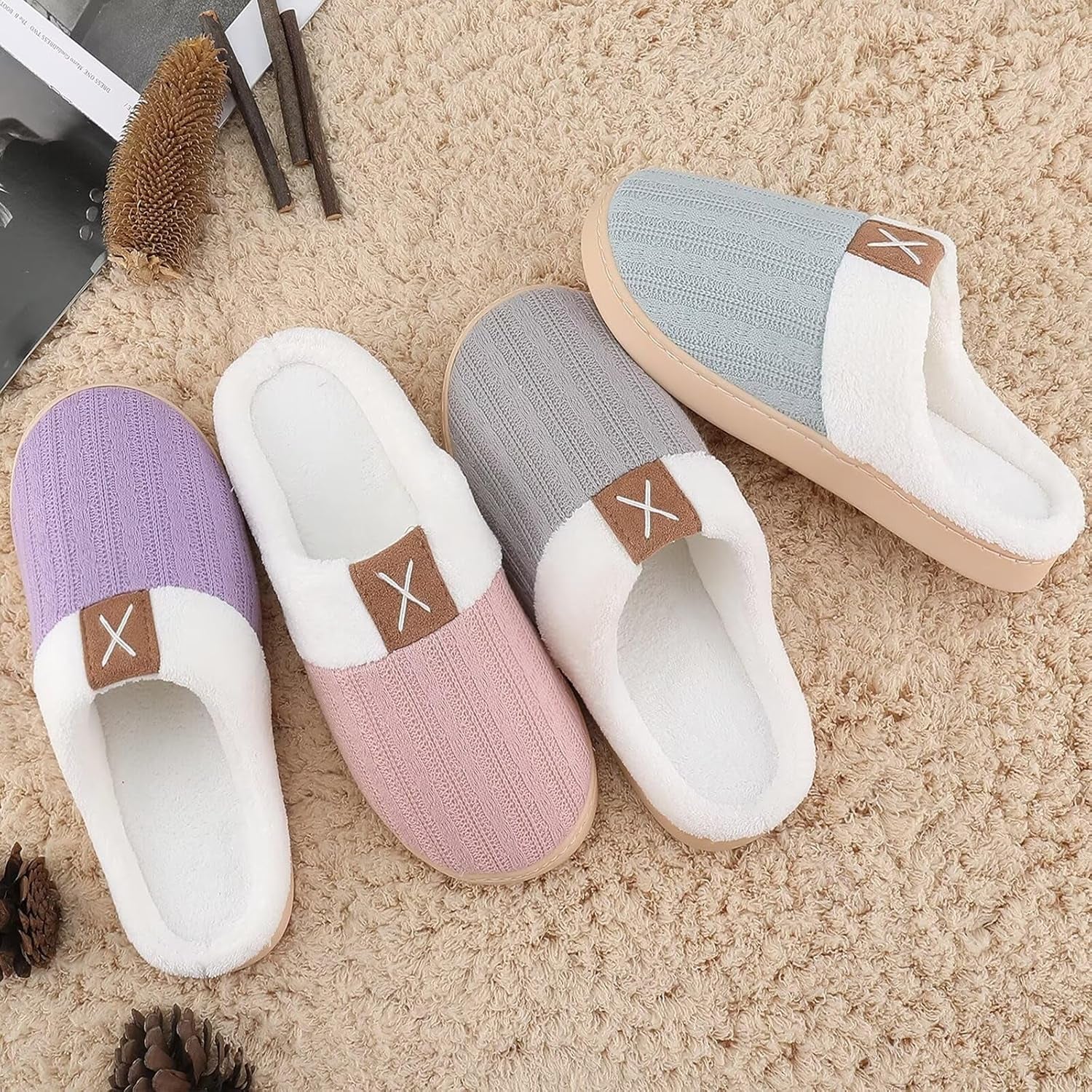 Women'S House Slippers Memory Foam Bedroom Slippers Indoor Outdoor Slip on Home Shoes with Soft Terry Lining