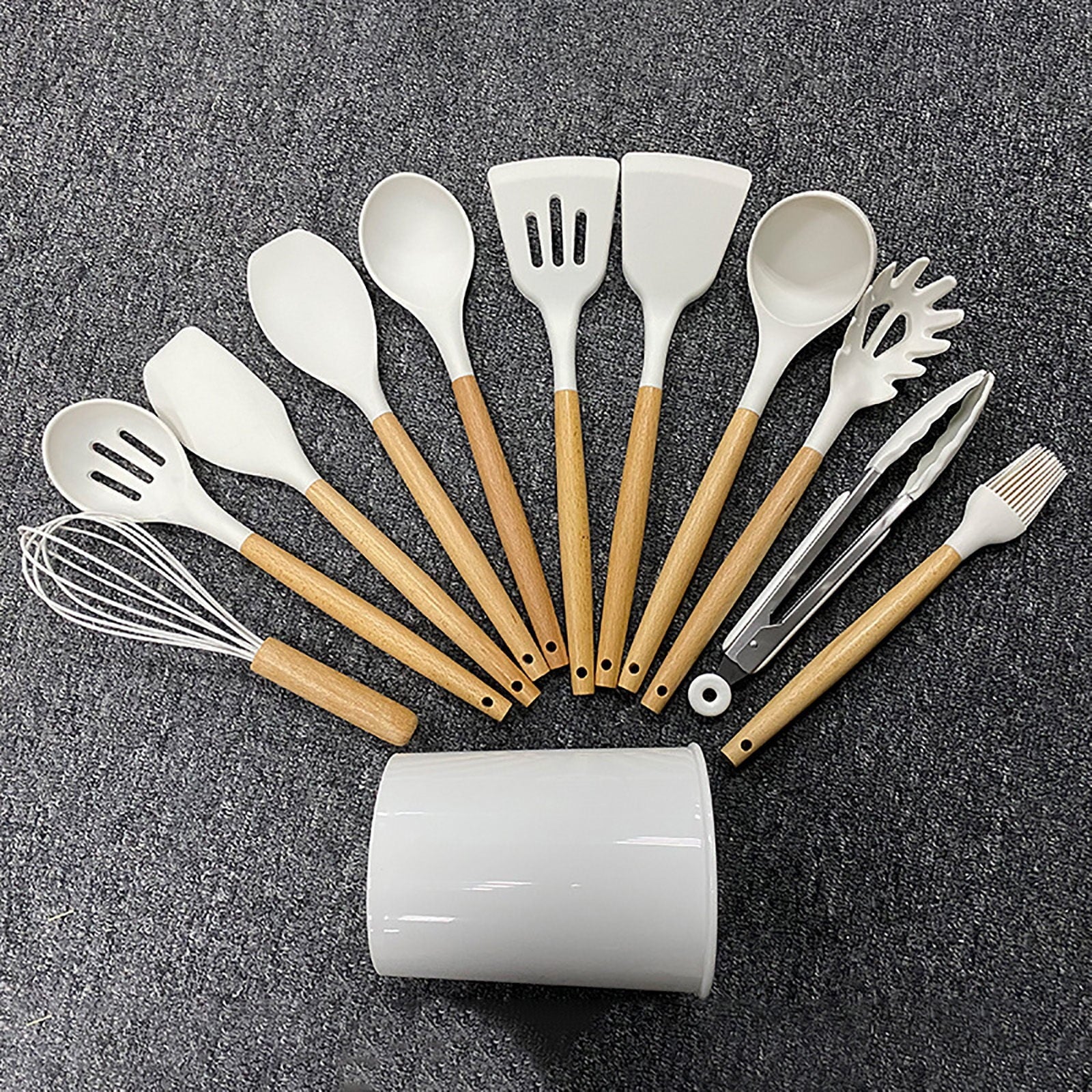 11 Piece Wooden Handle Silicone Cooking Tableware Set (Dishwasher Can Be Used for Cleaning) 200 ° F Heat-Resistant Scraper Set, Non Stick Pot, Best Kitchen Kitchen Set Clearance,White