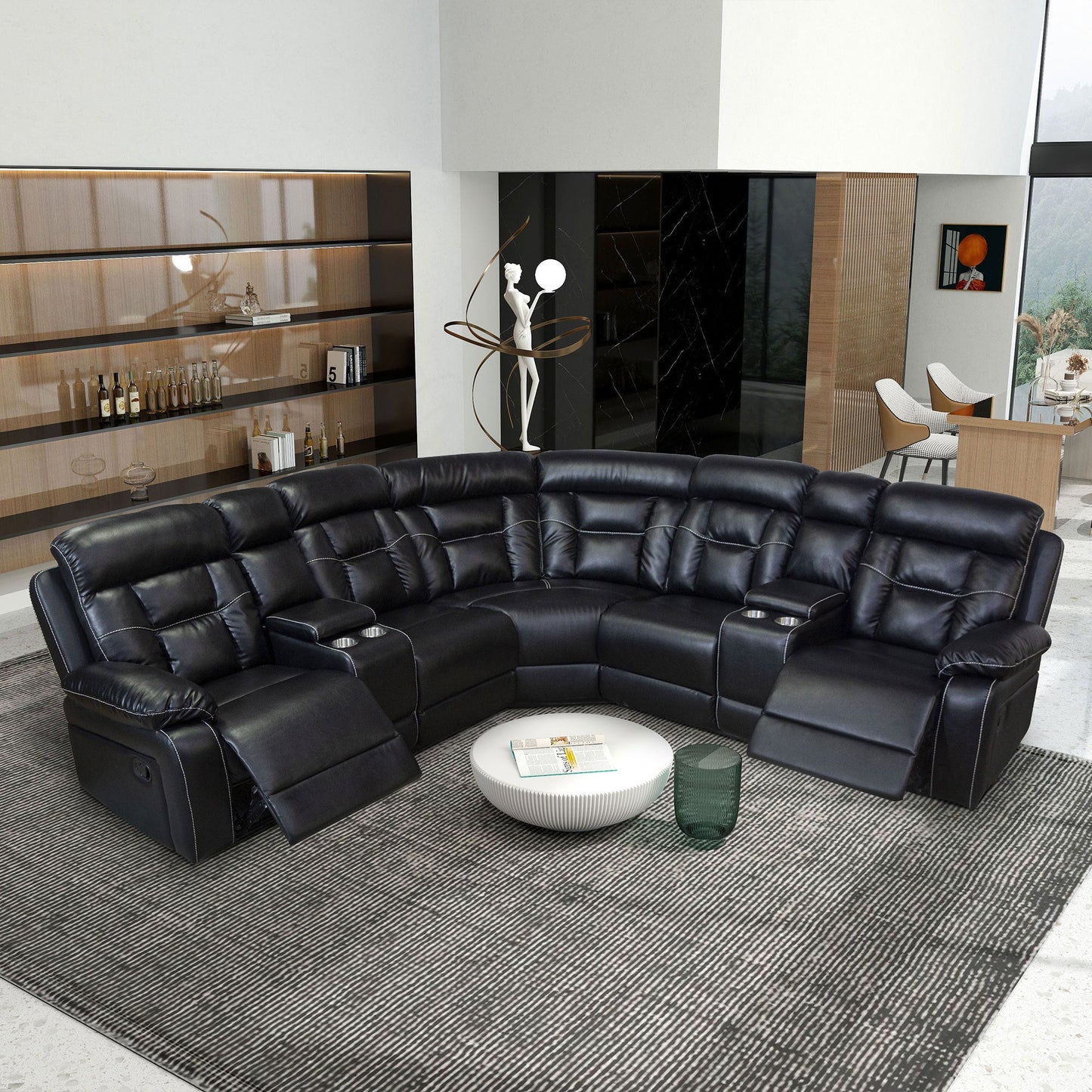 Manual Reclining Sofa Faux Leather Sofa Set Black